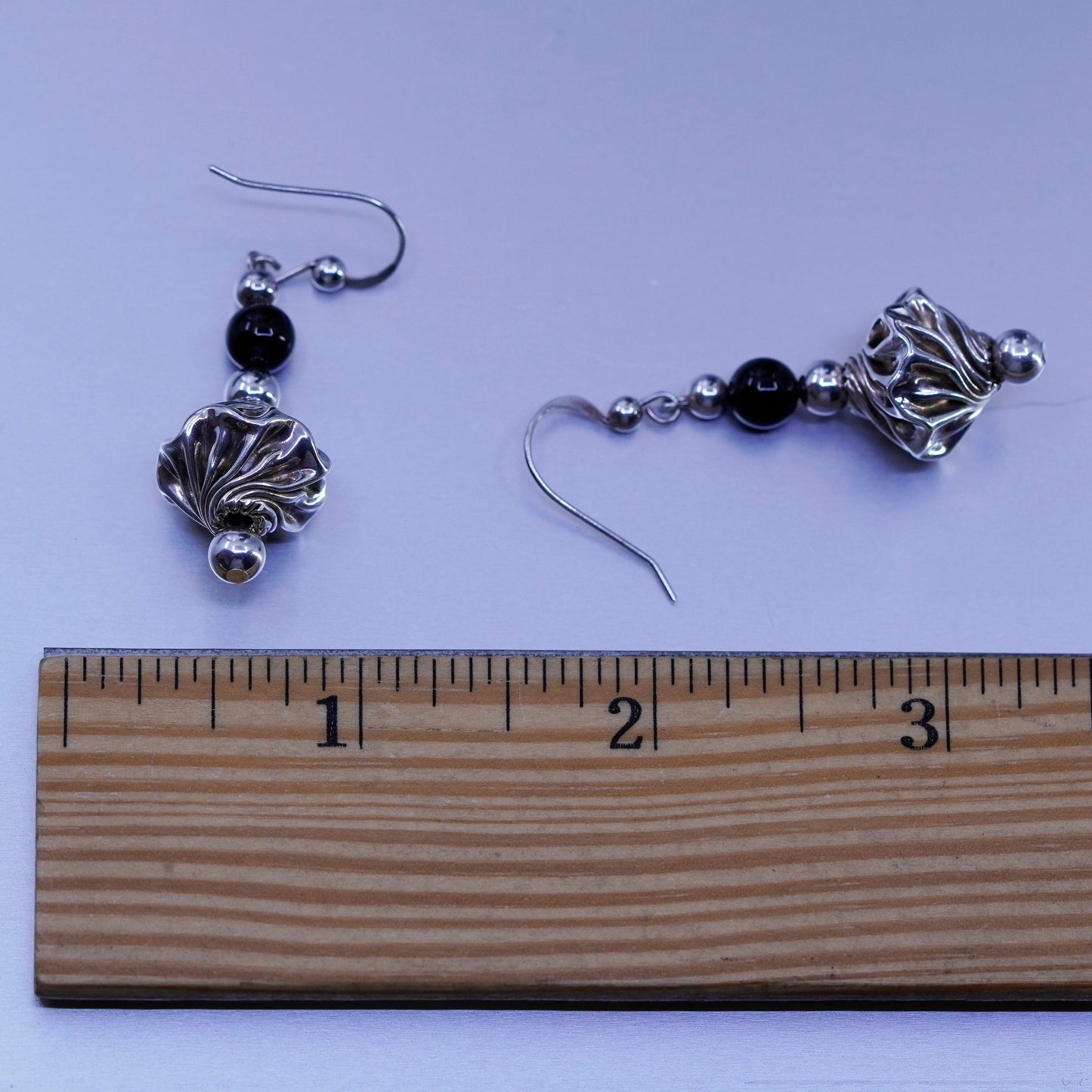 Vintage Sterling 925 silver handmade twisted earrings drops with obsidian beads
