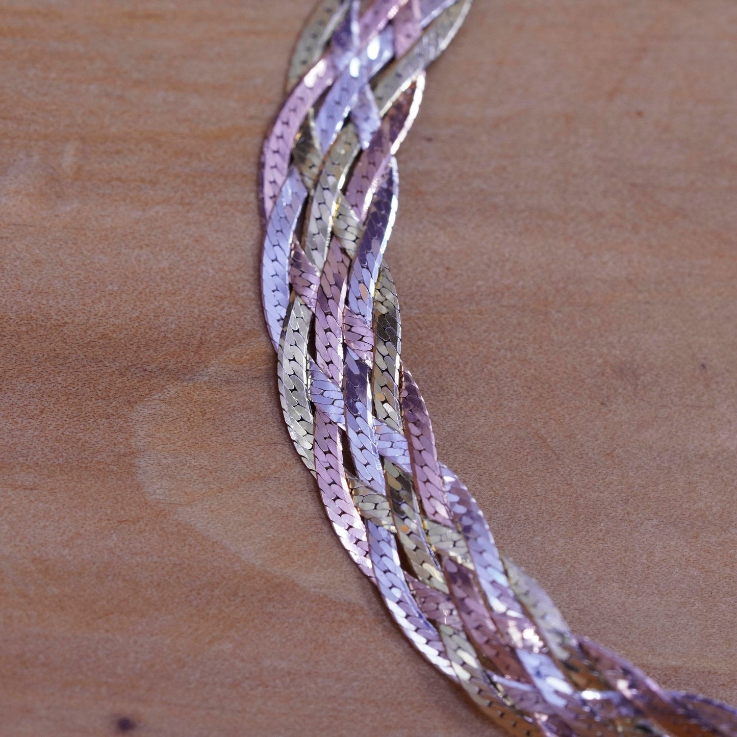 7.5” vermeil gold over triple tone Sterling silver braided herringbone bracelet