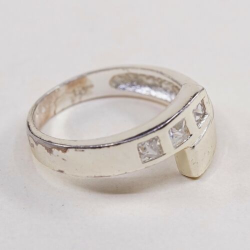 Sz 7.5, Vermeil Gold Over Sterling Ring, 925 Silver Ring W/ Crystal, Stamped 925