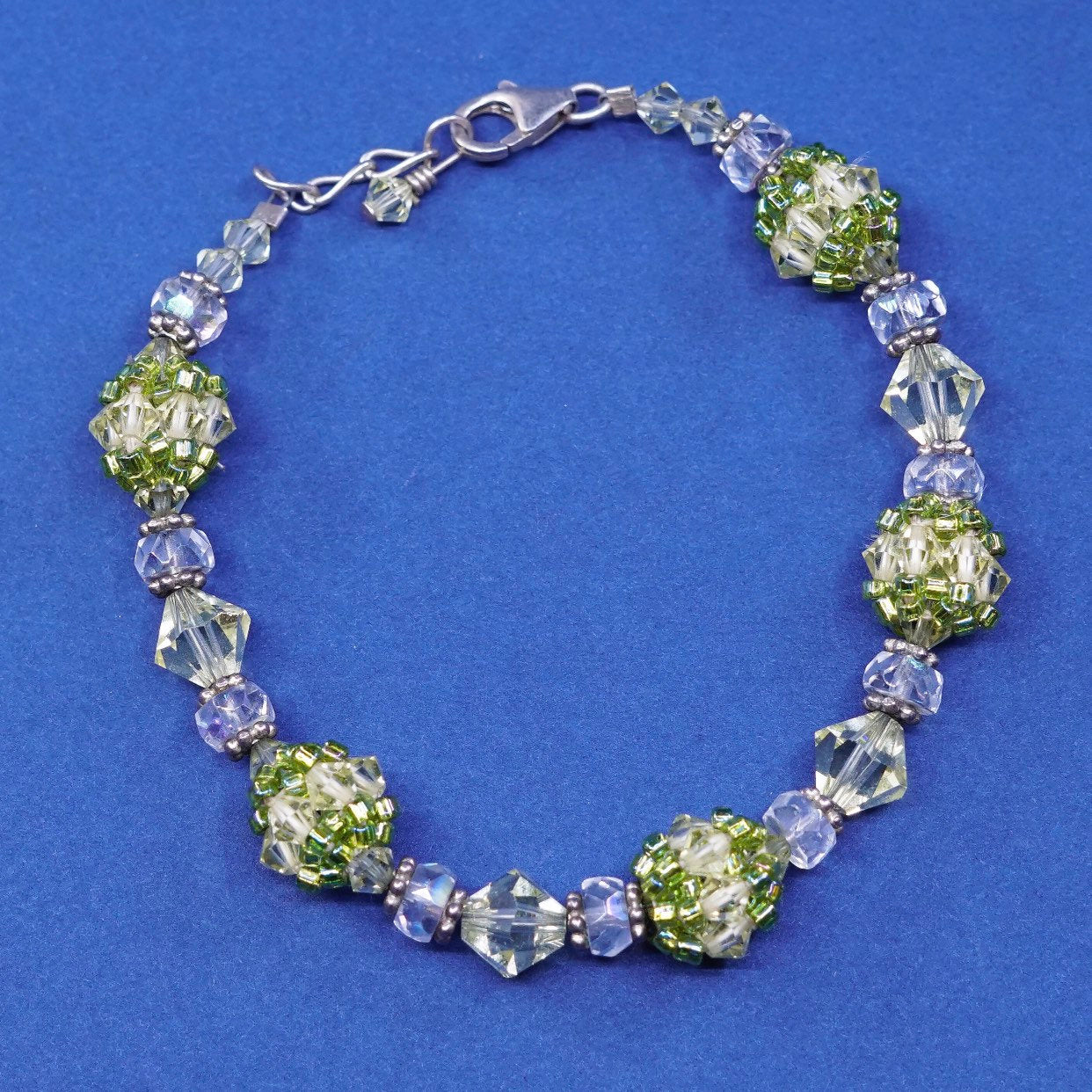 7”, vtg sterling silver handmade bracelet, 925 w/ green crystal beads