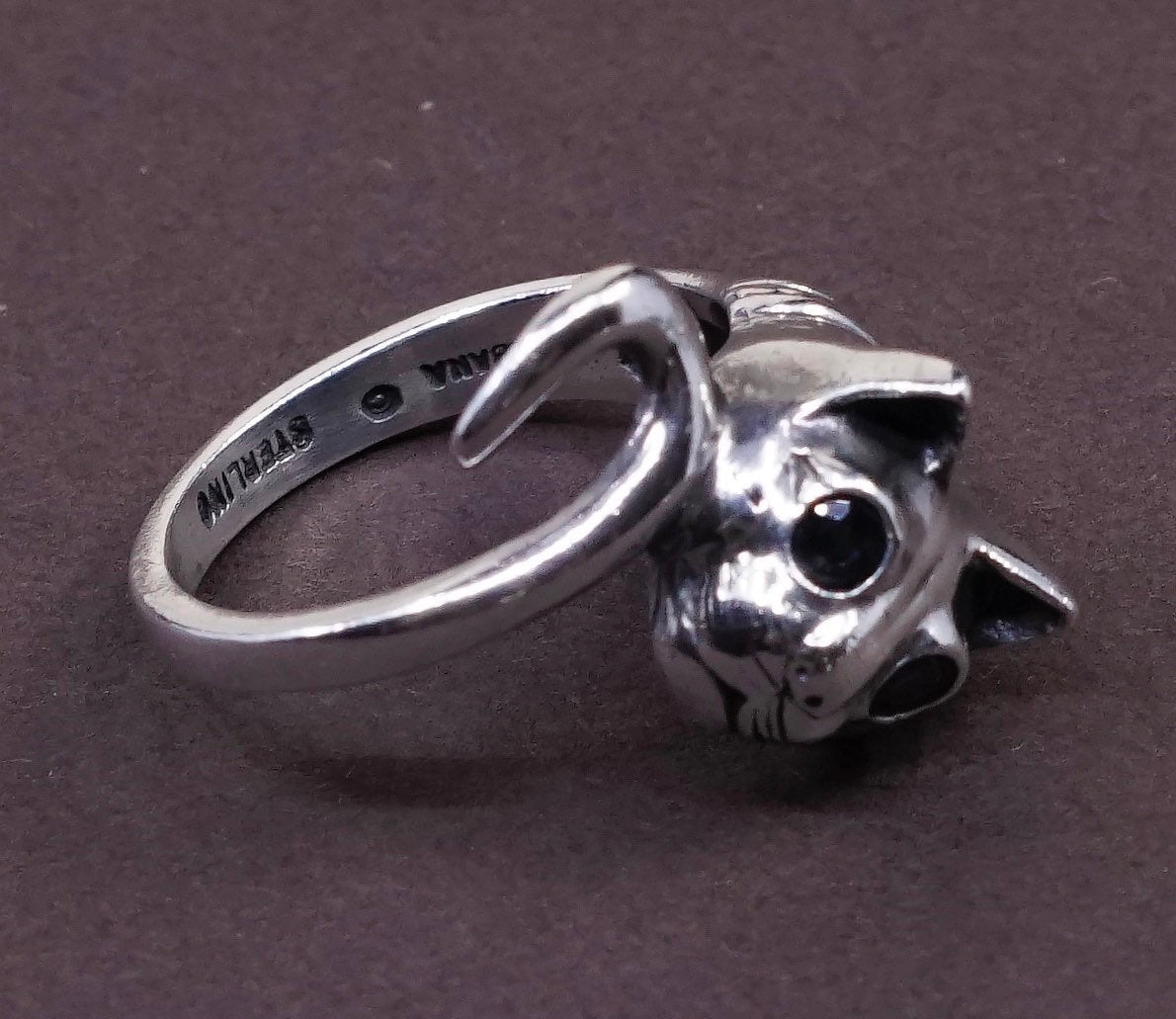 sz 5, kabana Sterling Silver Handmade ring, 925 cat head band w/ sapphire eyes
