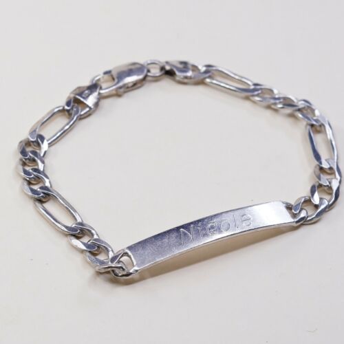 7.75”, 7mm Sterling Silver Handmade Bracelet, Vtg 925 Curb Name Nicole Tag
