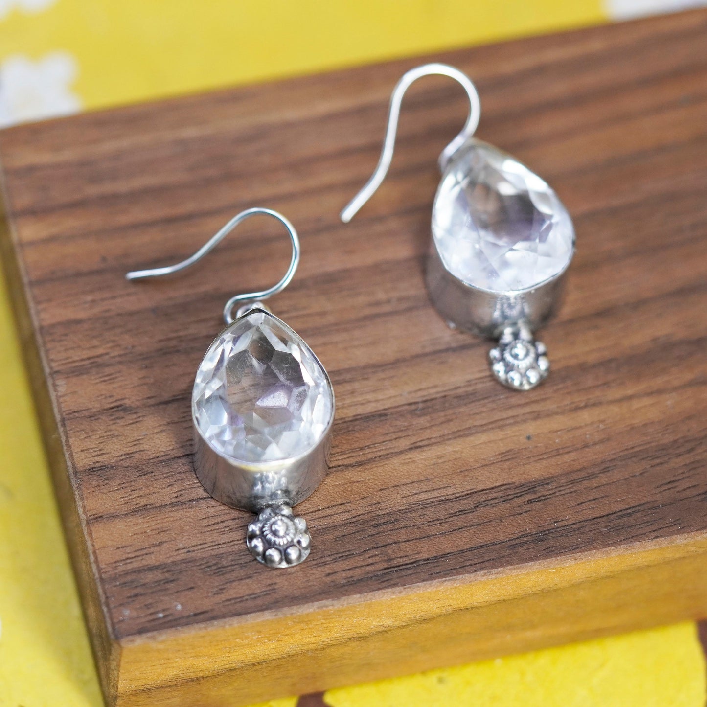 Vintage Sterling 925 silver handmade teardrop earrings with crystal