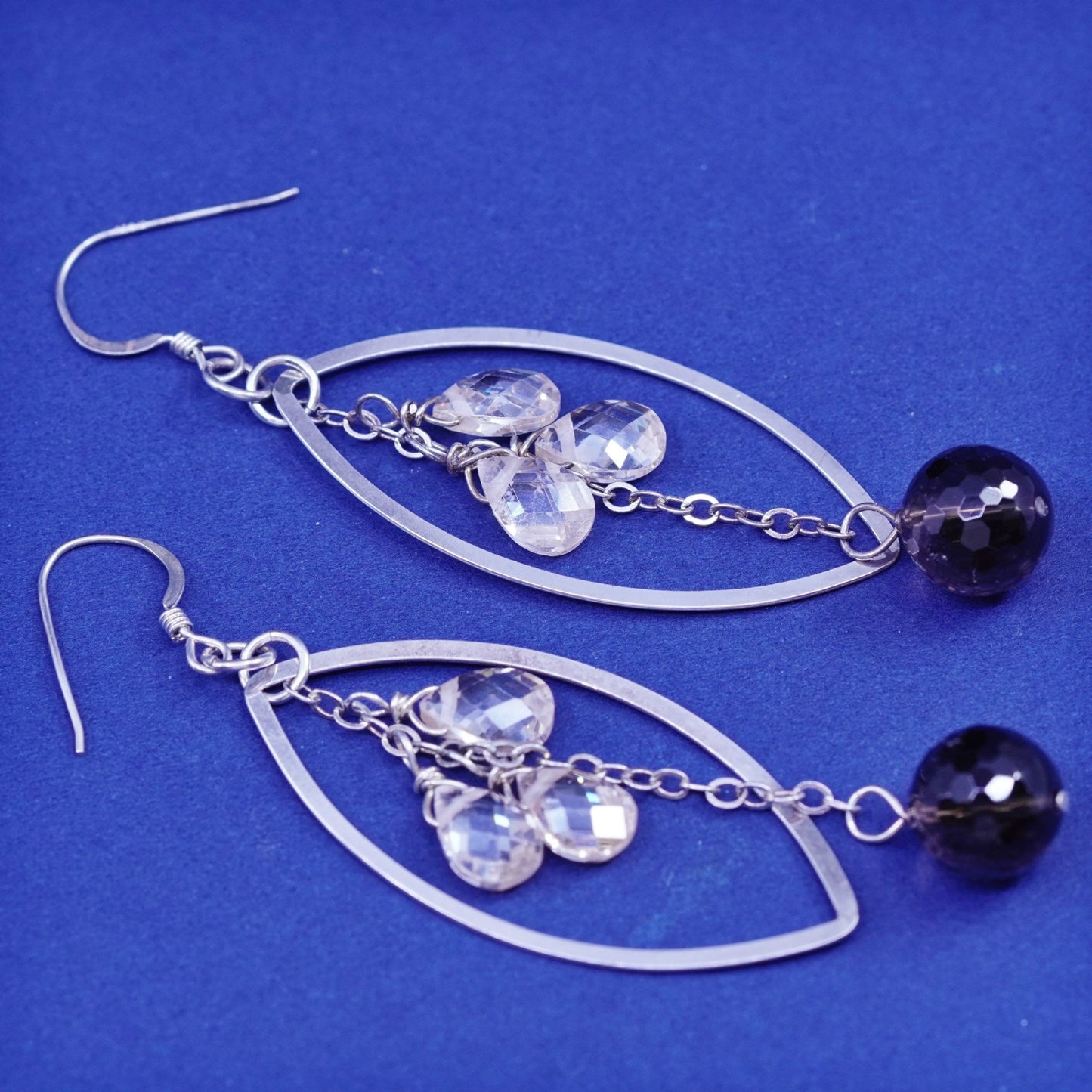 Vintage Sterling Silver long Earrings. 925 long Marquise shaped dangle crystal