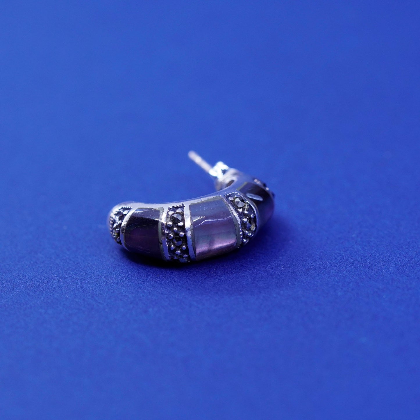0.75”, Sterling silver handmade earrings, 925 hoops with marcasite and abalone