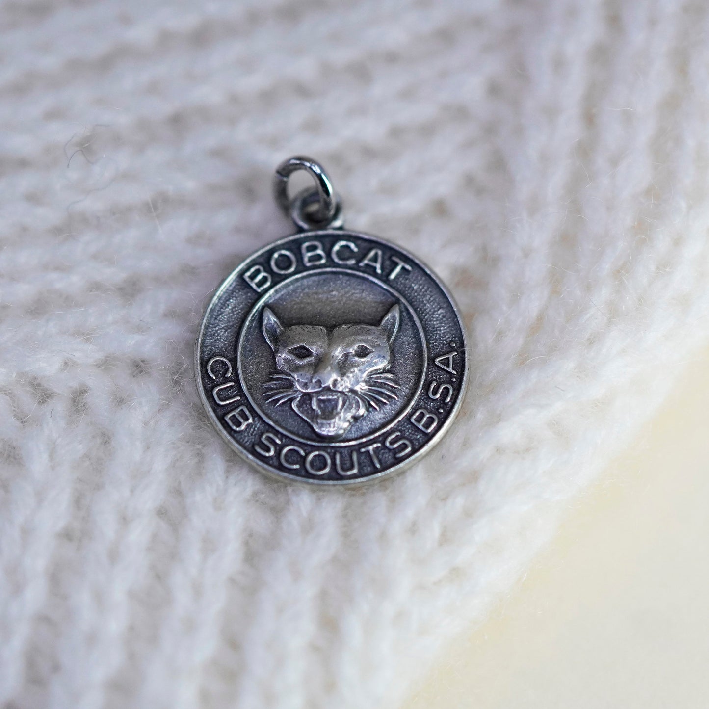 Vintage sterling silver charm, 925 handmade bobcat tag, Cub Scouts BSA