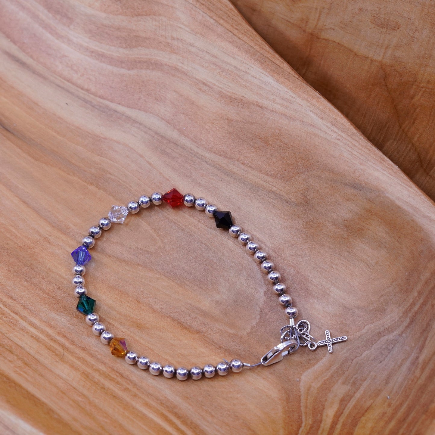 7”, Vintage Sterling silver handmade bracelet, 925 beads with cz cross charm