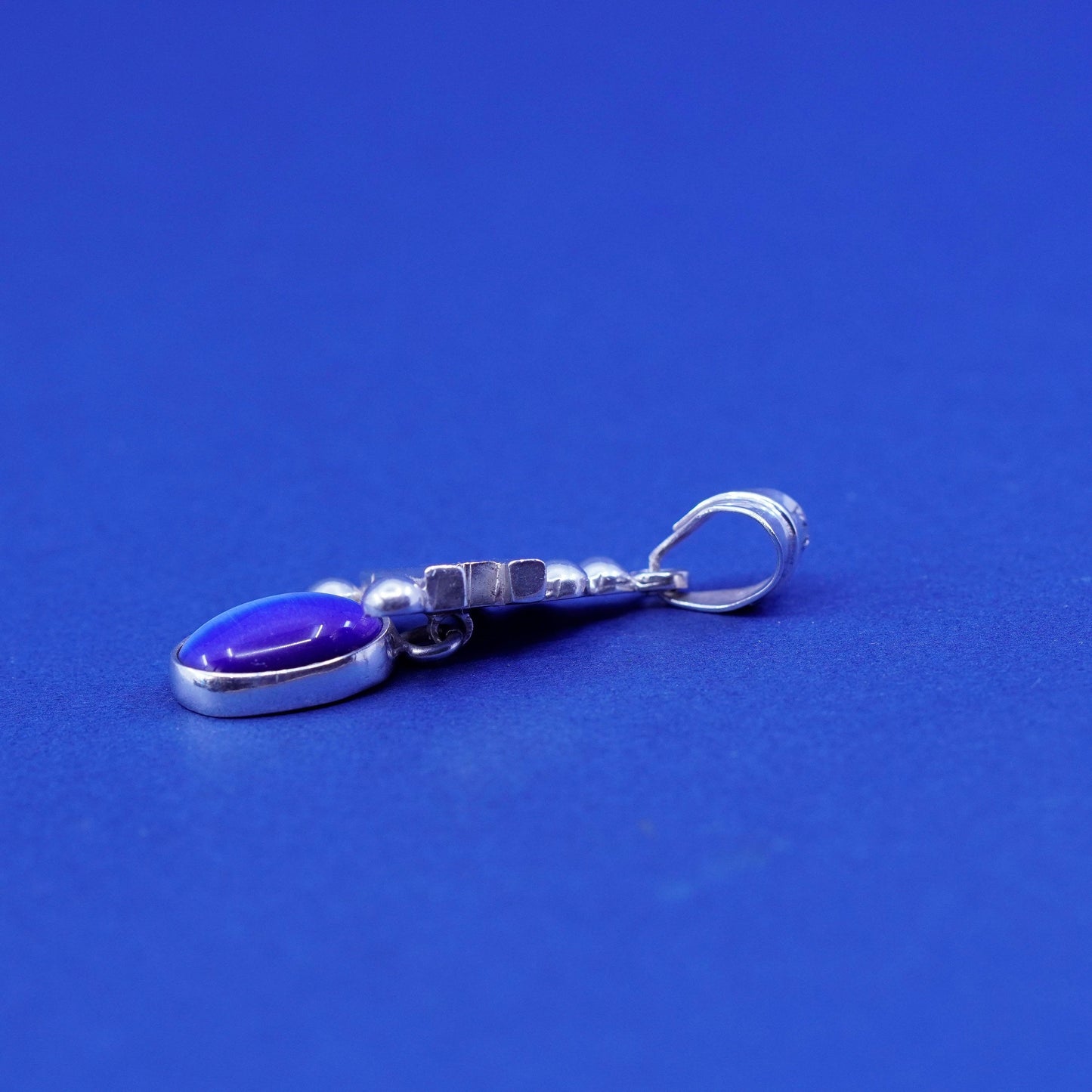 Vintage Sterling silver handmade pendant, 925 charm w/ blue cats eye and beads