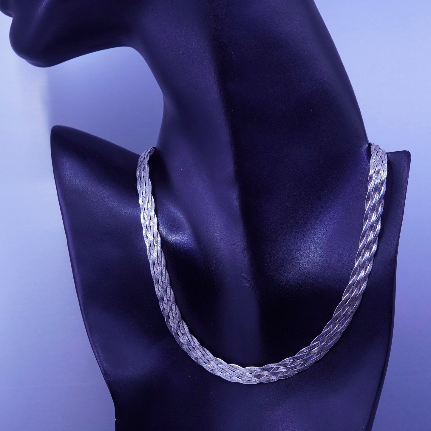 18”, vintage Italy Sterling 925 silver woven braided herringbone chain necklace