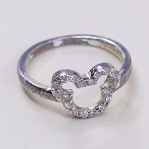Sz 5, Vtg Sterling Silver Fashion Ring, 925 Silver Mickey Ring W/ Cz