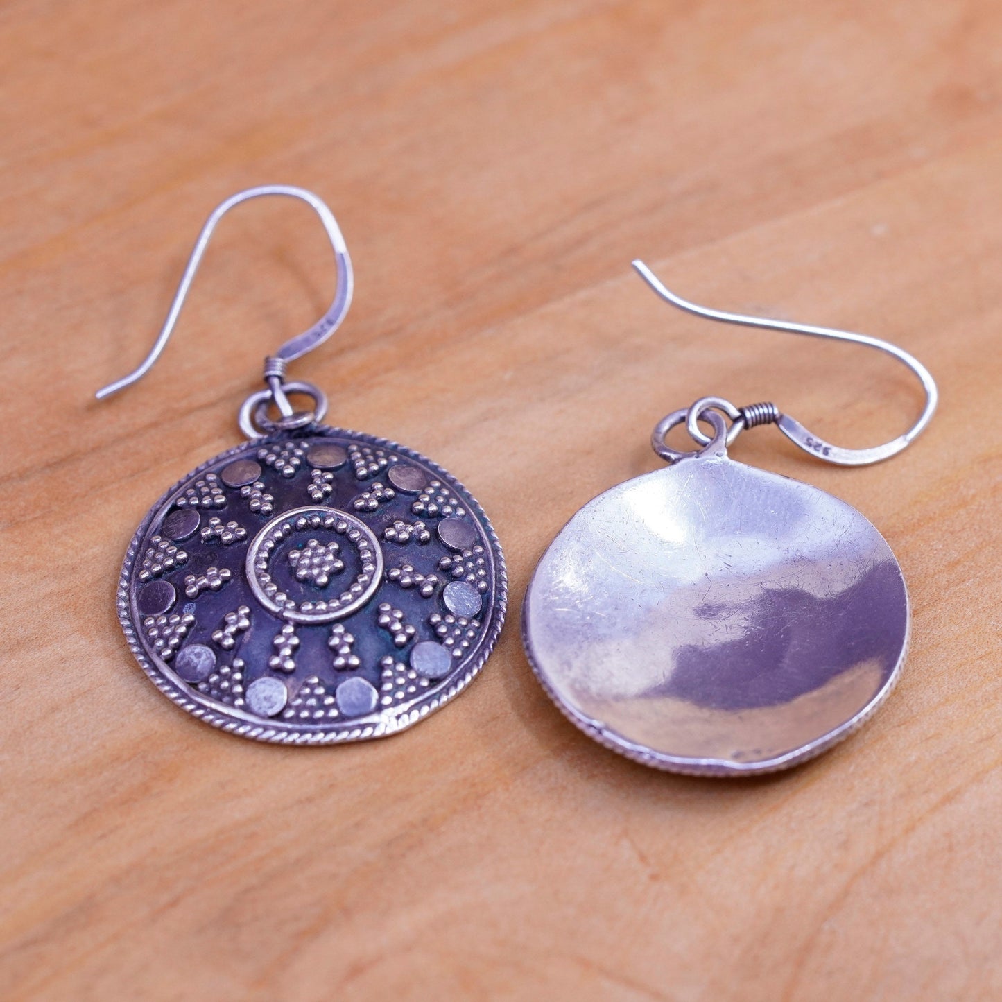 Vintage Sterling silver handmade earrings, 925 beaded disc drops