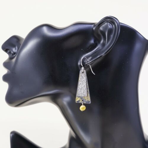 Vtg Modern Yellow Sterling Silver Handmade Earrings, 925 Silver W/ Disc N Pearl