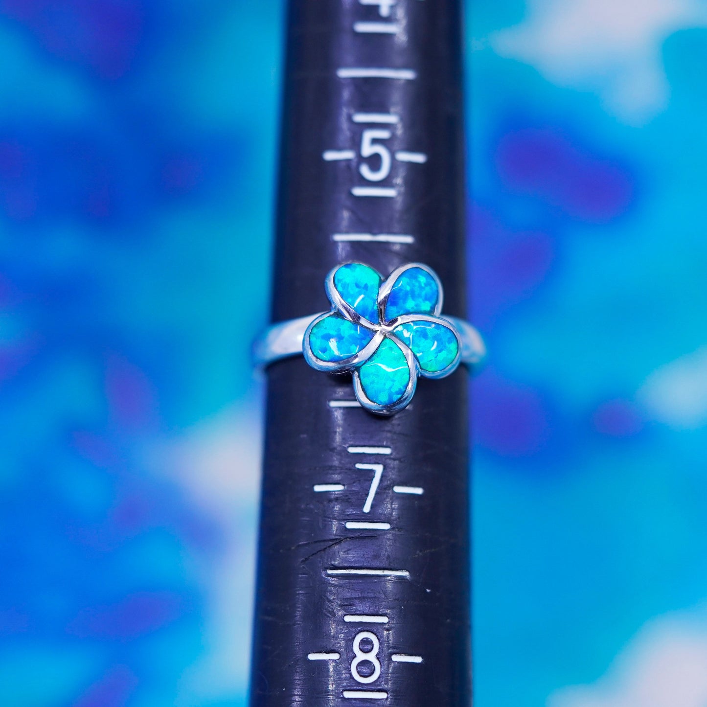 Size 6, Vintage Sterling 925 silver handmade plumeria flower ring with opal