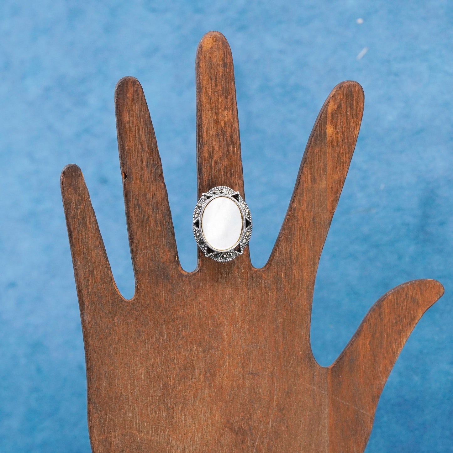 Size 6.5, sterling 925 silver handmade ring with mother of pearl and marcasite