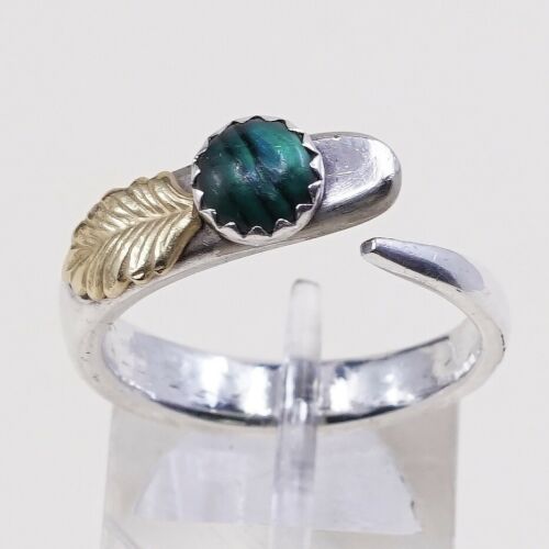 Size 8, Vintage Two Tone Open Ring, Silver Tone W/ Brass Leaf And Abalone