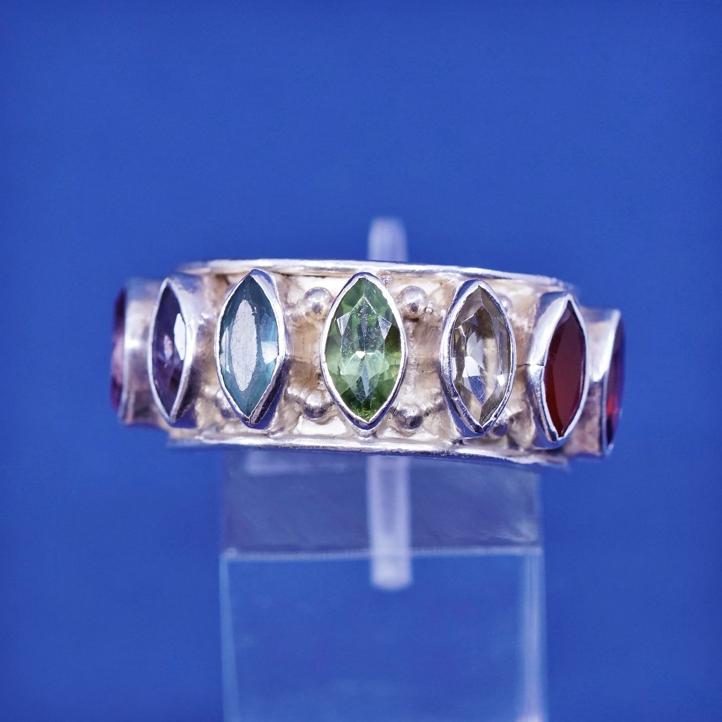 sz 8, Sterling silver ring, 925 cocktail band with peridot ruby topaz amethyst
