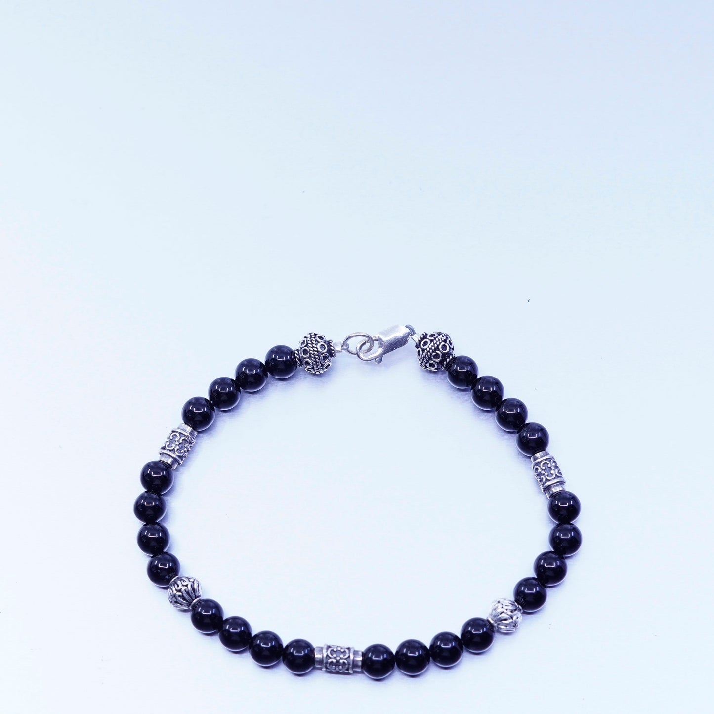 8”, vintage bali Sterling 925 silver bracelet with obsidian beads
