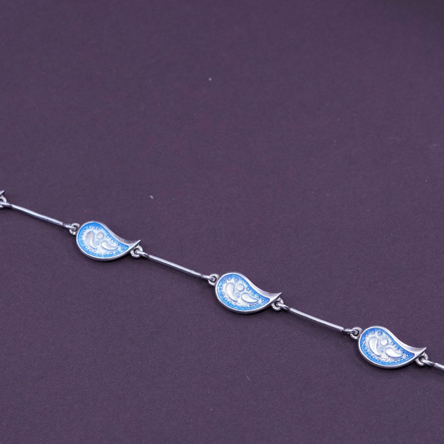 7”, vtg sterling 925 silver handmade bracelet, blue enamel teardrop link chain