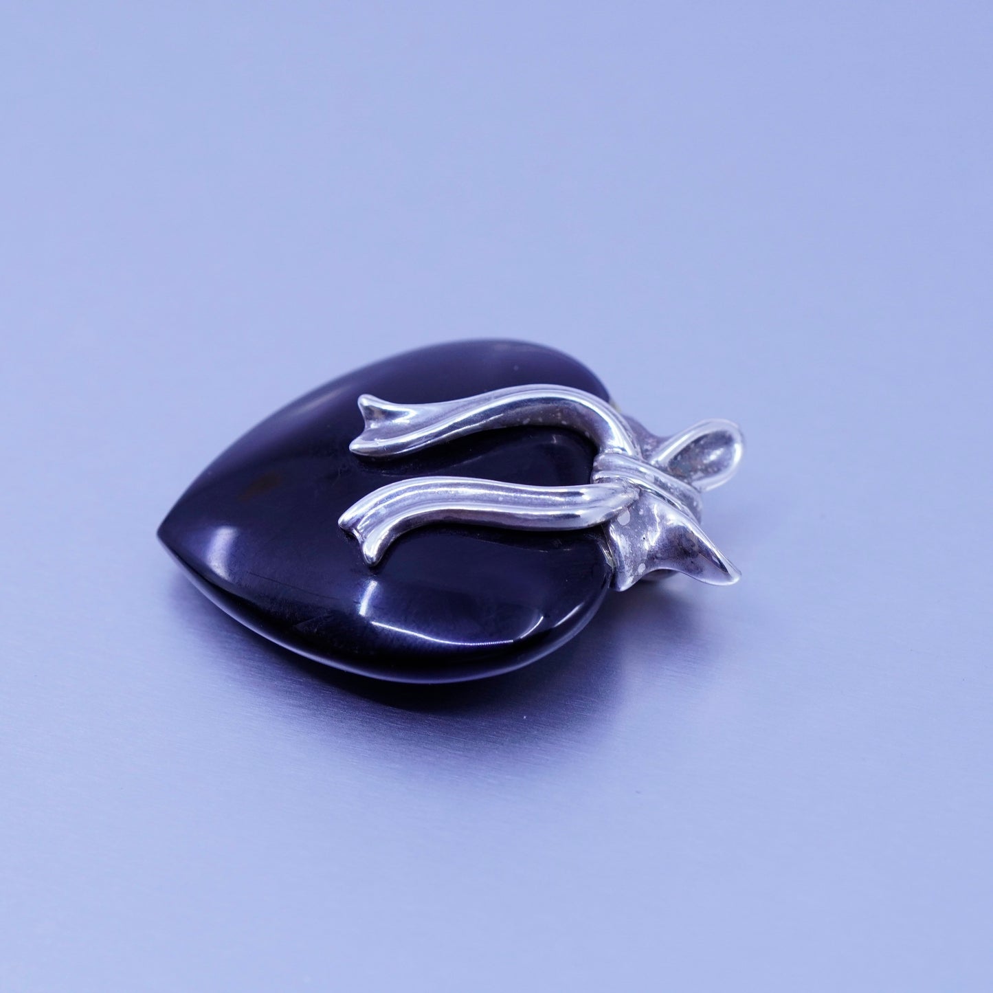 antique sterling 925 silver obsidian heart pendant with ribbon bow tie