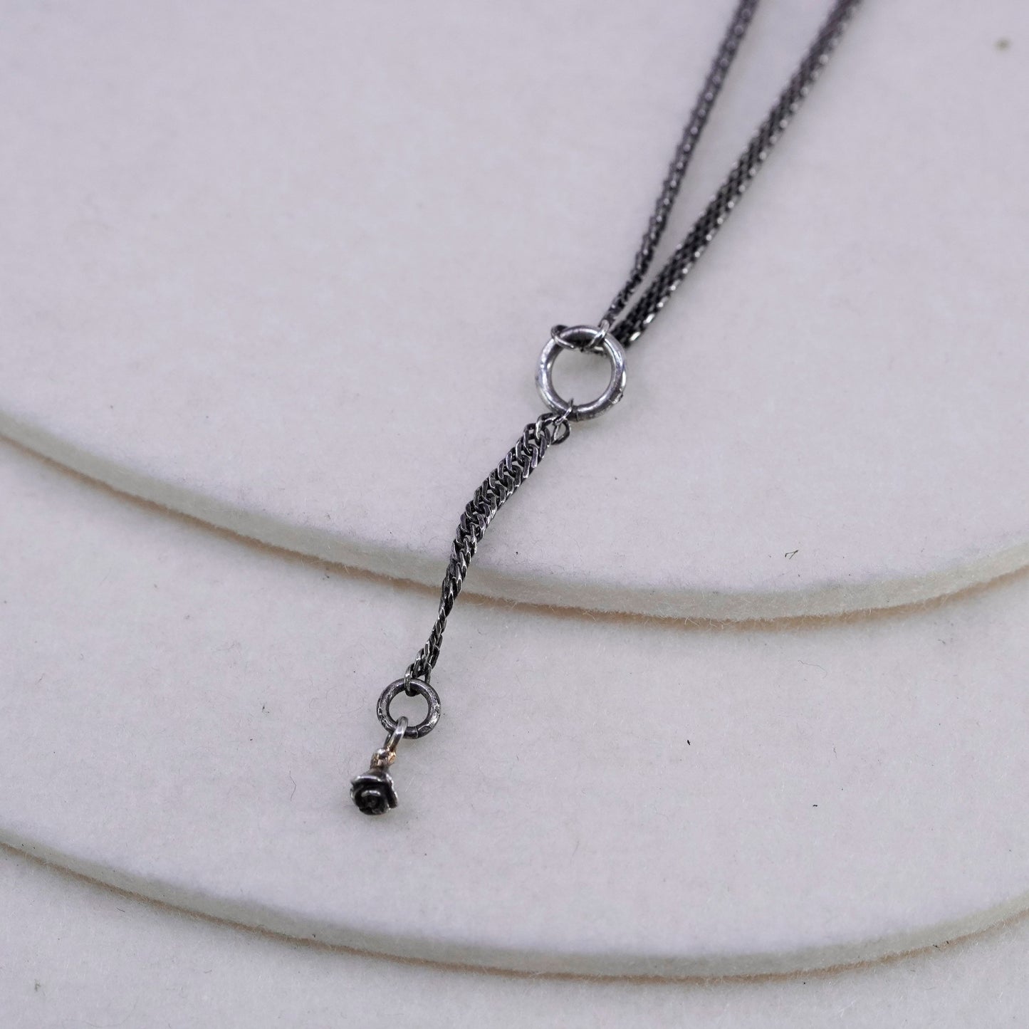 28”, vintage Sterling 925 silver handmade curb chain necklace w/ flower pendant