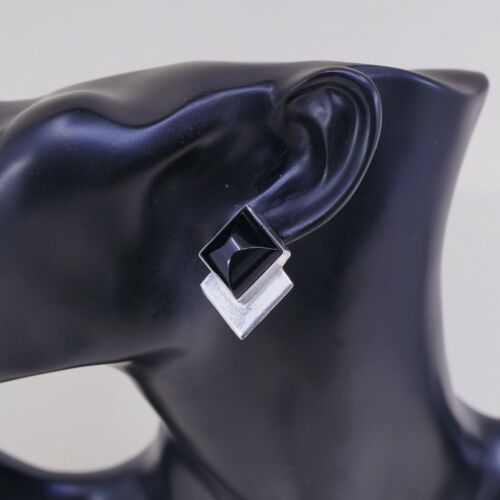 Vtg GFMW Modern Sterling Silver Handmade Earrings, 925 Square Studs W/ Obsidian