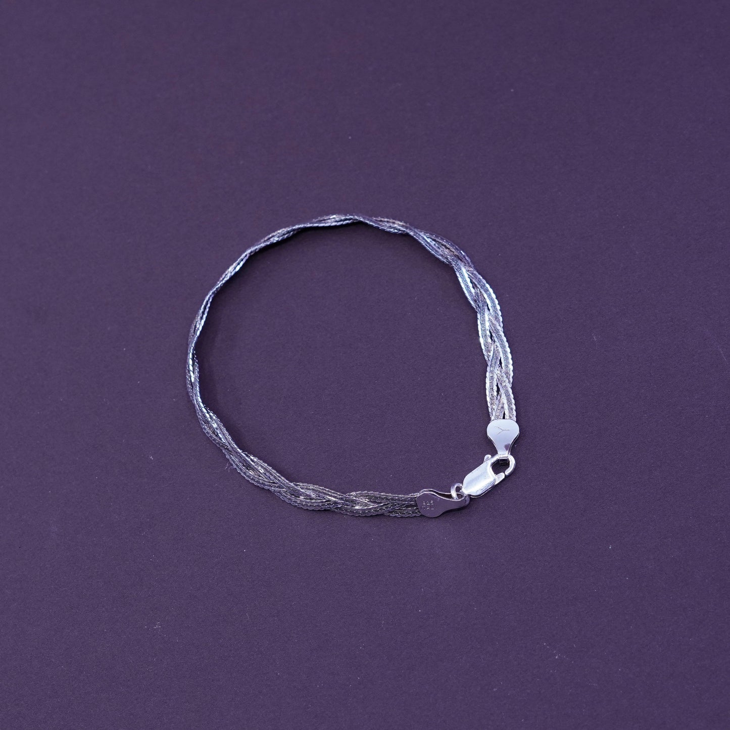 7.25”, Sterling silver braided woven herringbone chain, 3 strands 925 bracelet