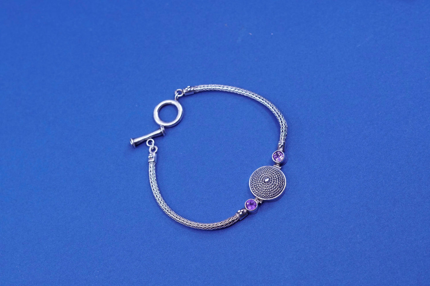 6.75”, GeoArtSterling silver bracelet, bold 925 wheat chain w/ amethyst beads