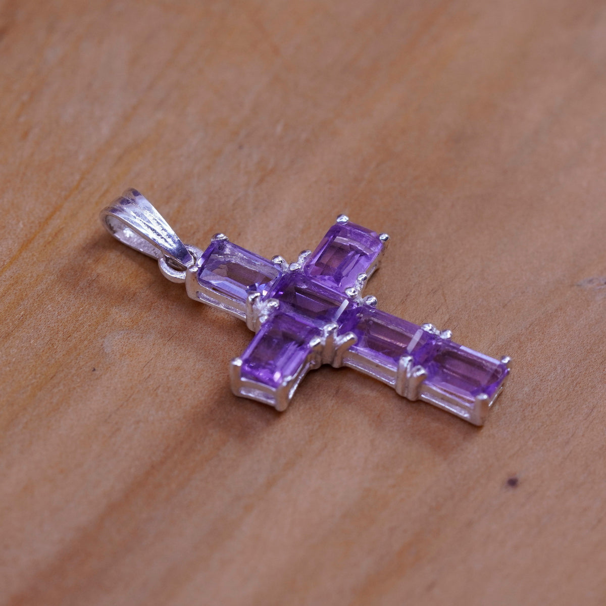 Vintage Sterling silver handmade pendant, 925 cross with Violet Cz, Christian