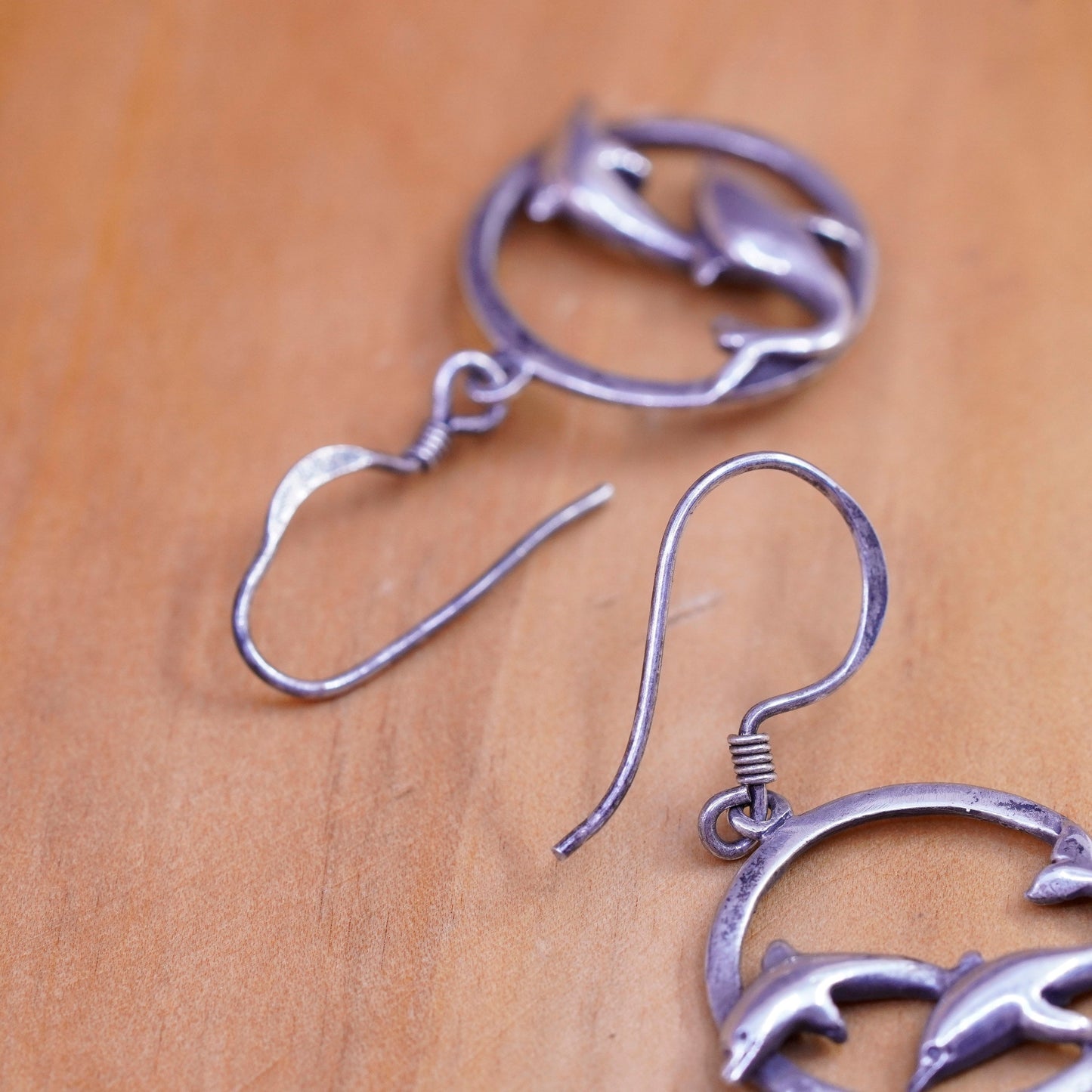 Vintage Sterling silver handmade earrings, 925 dolphin dangle