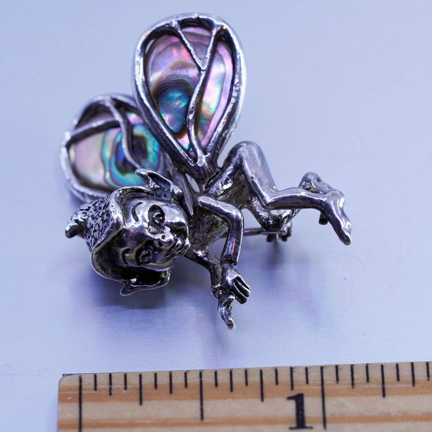 Vintage Sterling 925 silver handmade fairy brooch, pin with abalone