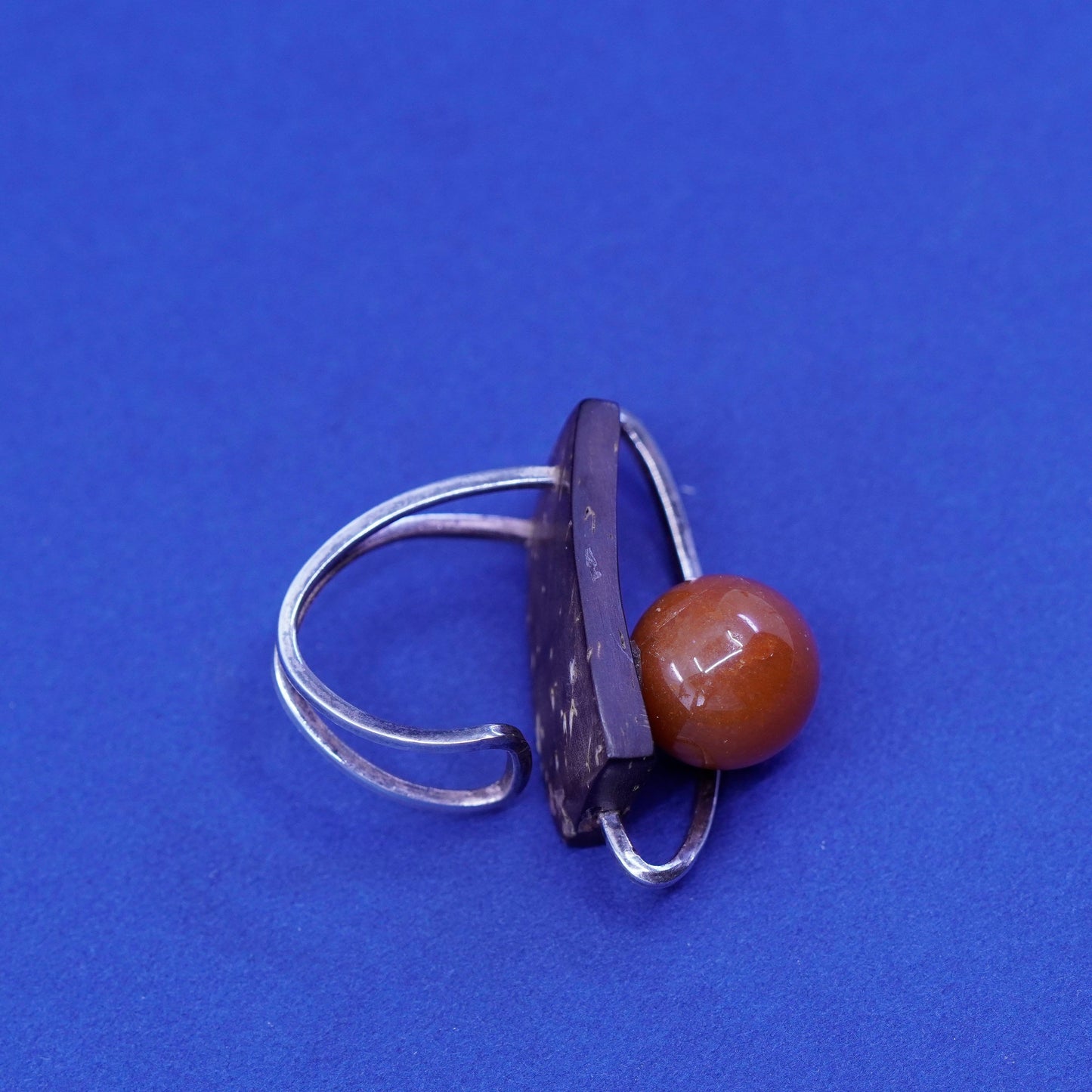 Size 4, vintage Sterling silver handmade ring carnelian wood, Native American