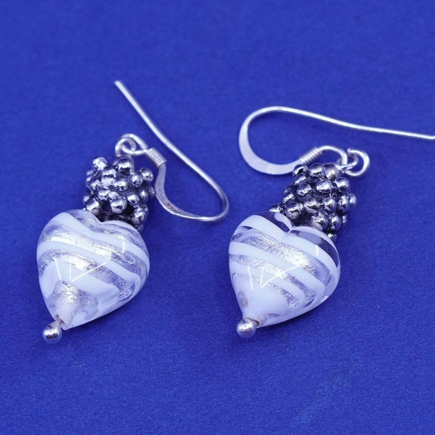 Vintage Sterling silver handmade earrings, 925 beads with glass heart Dangles