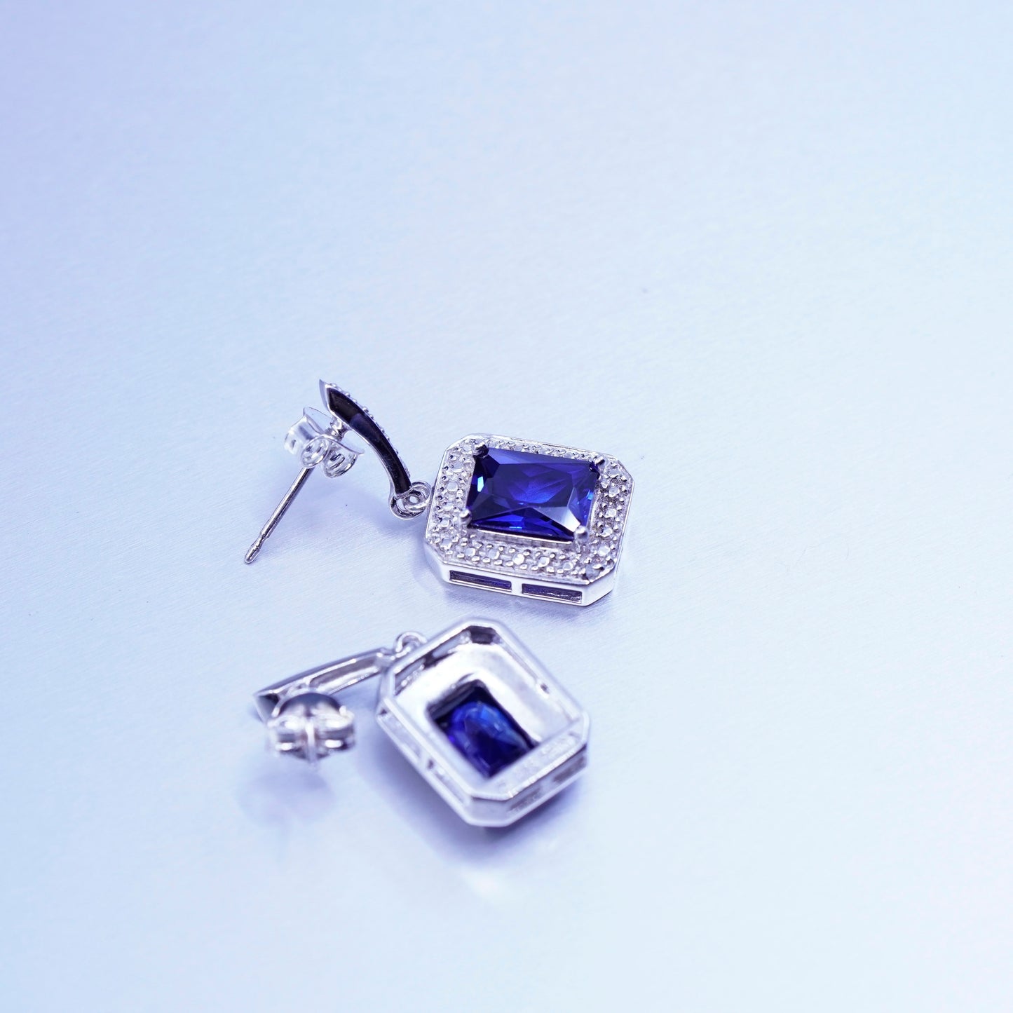 Vintage Sterling 925 silver handmade square earrings with sapphire and diamond
