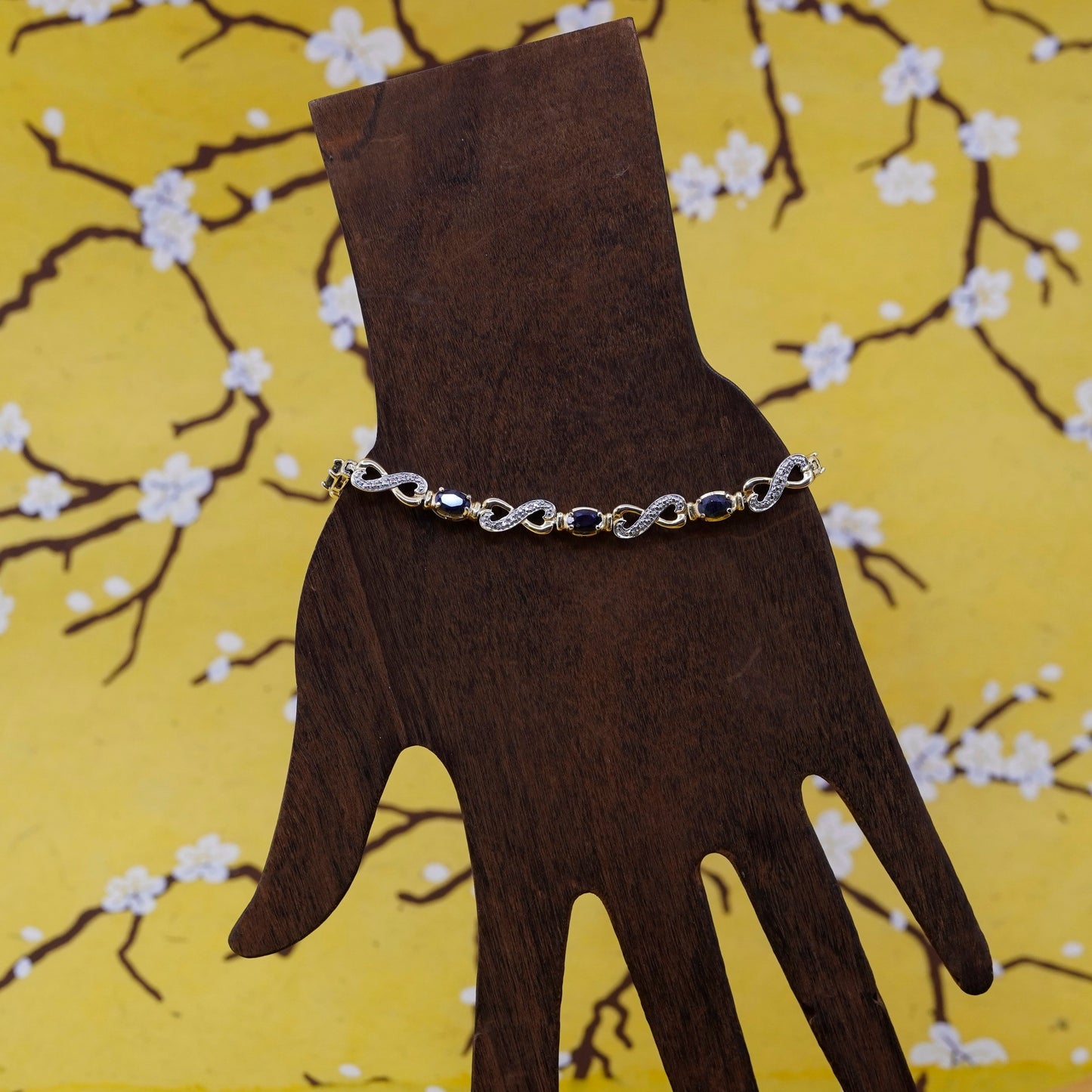 7.5”, vintage vermeil gold Sterling silver tennis bracelet diamond sapphire