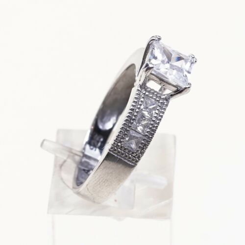 Sz 9.75, Vtg Sterling Silver Fashion Ring, 925 Silver Engagement Ring W/ Cz