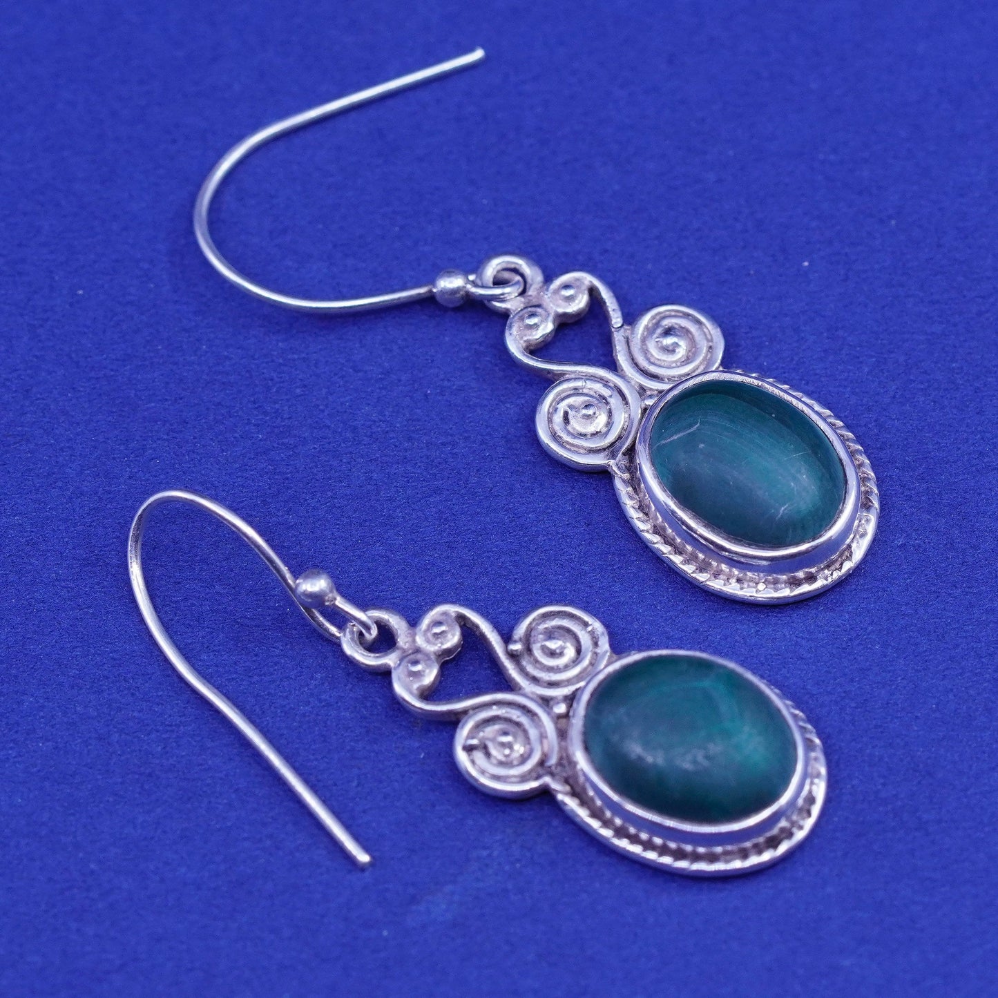Vintage mexico sterling silver handmade earrings, 925 dangles oval malachite
