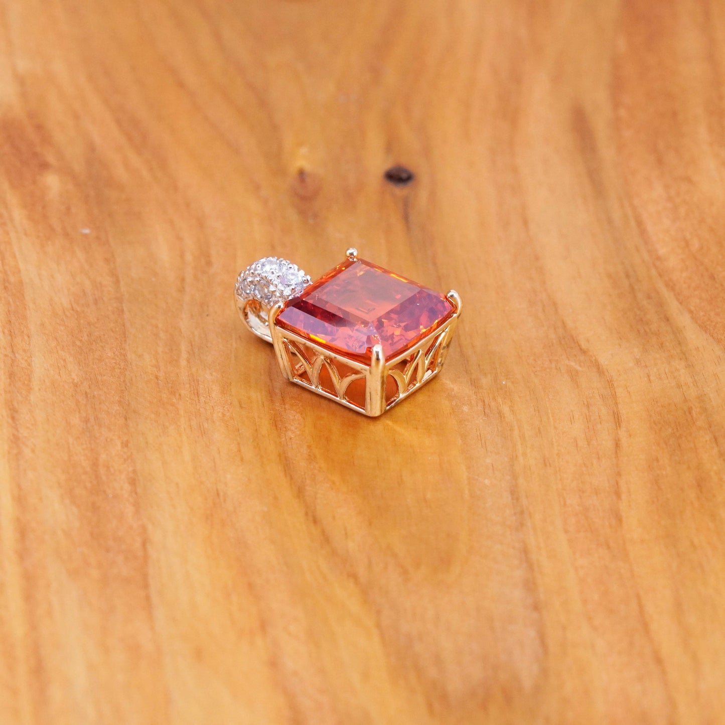 Vintage vermeil gold over Sterling 925 silver handmade pendant square quartz