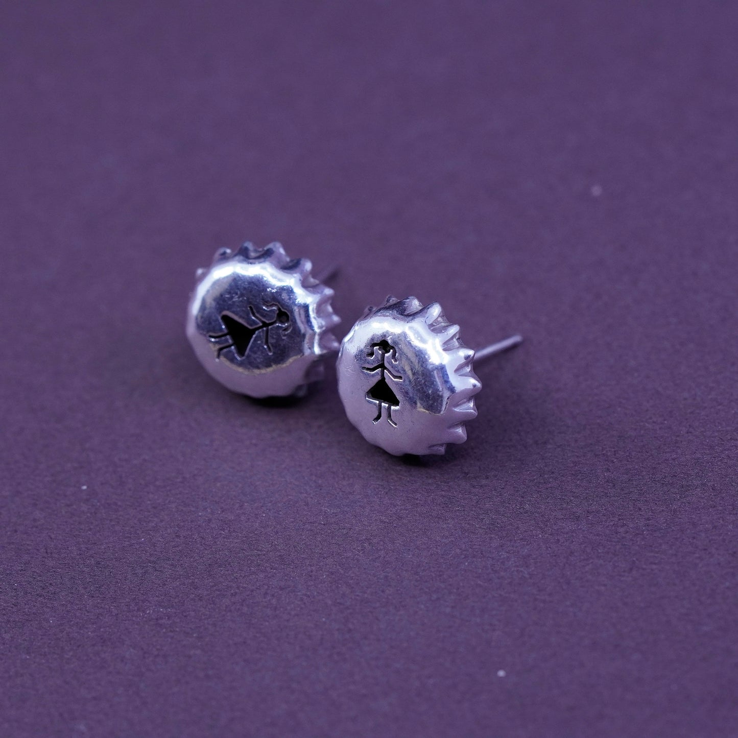 Sterling silver earrings, 925 bottle cap studs embossed girl stick figure