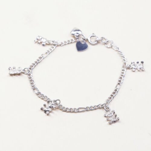 6.75”, 3mm, Vtg Sterling Silver Bracelet 925 Figaro Chain W/ Bear N Heart Charm