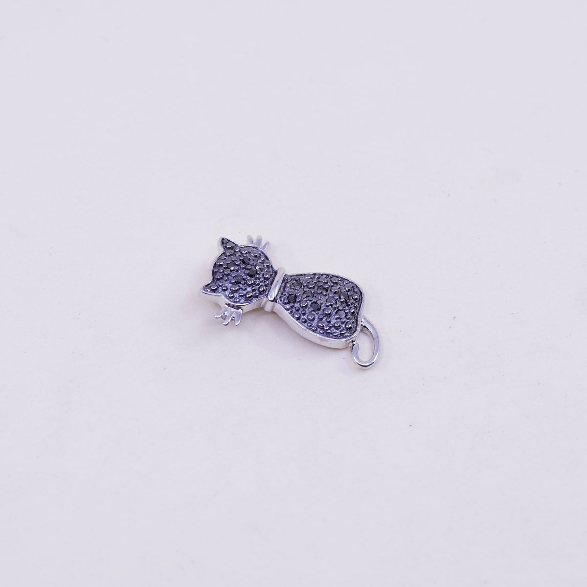 Vintage Sterling silver handmade pendant, 925 kitty cat with black diamond