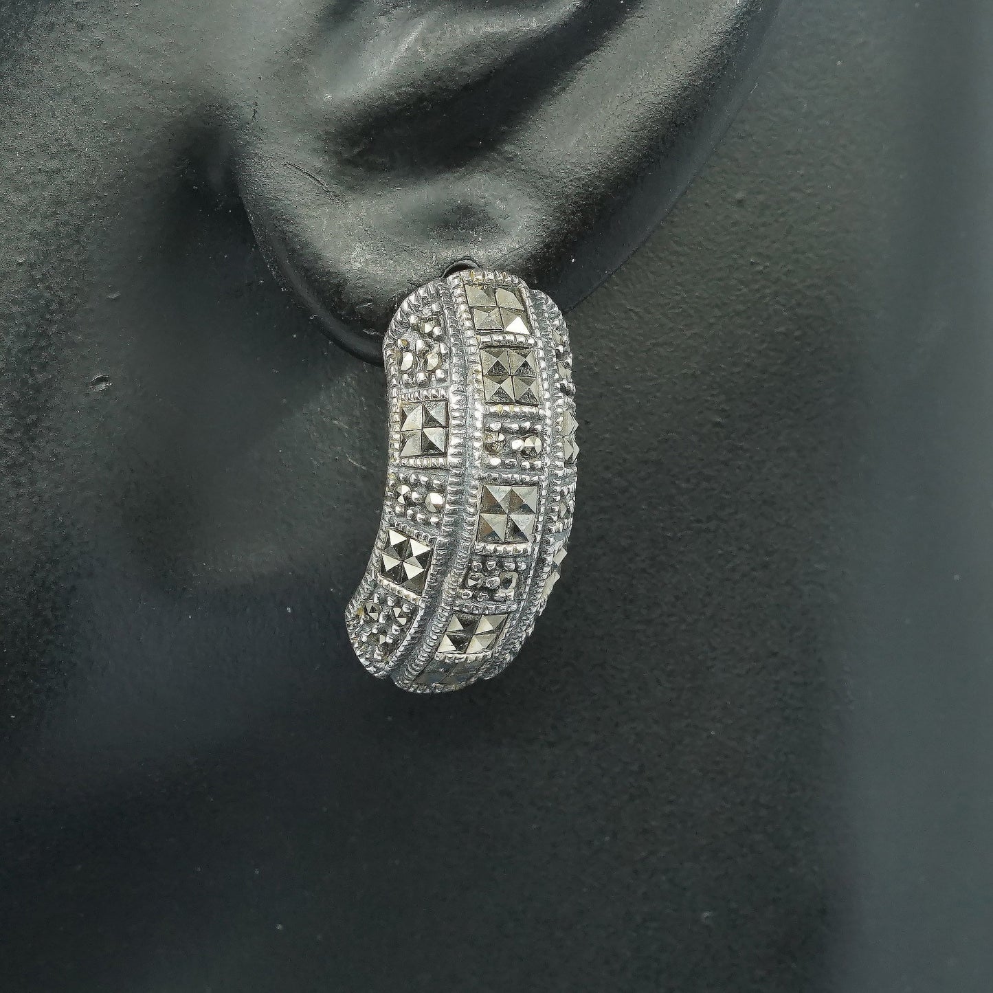 1", vtg Sterling silver handmade earrings, 925 hoops w/ marcasite, huggie