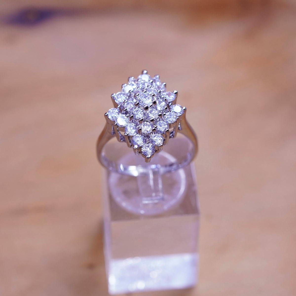 Size 9, vintage Sterling 925 silver engagement ring with cluster cz