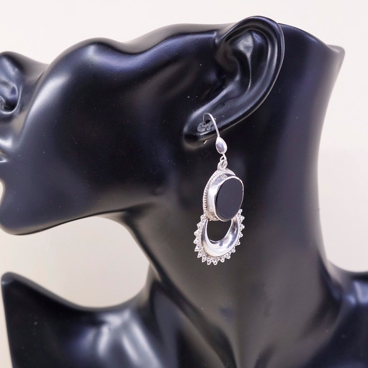 Sterling 925 silver handmade earrings w/ obsidian and beads around