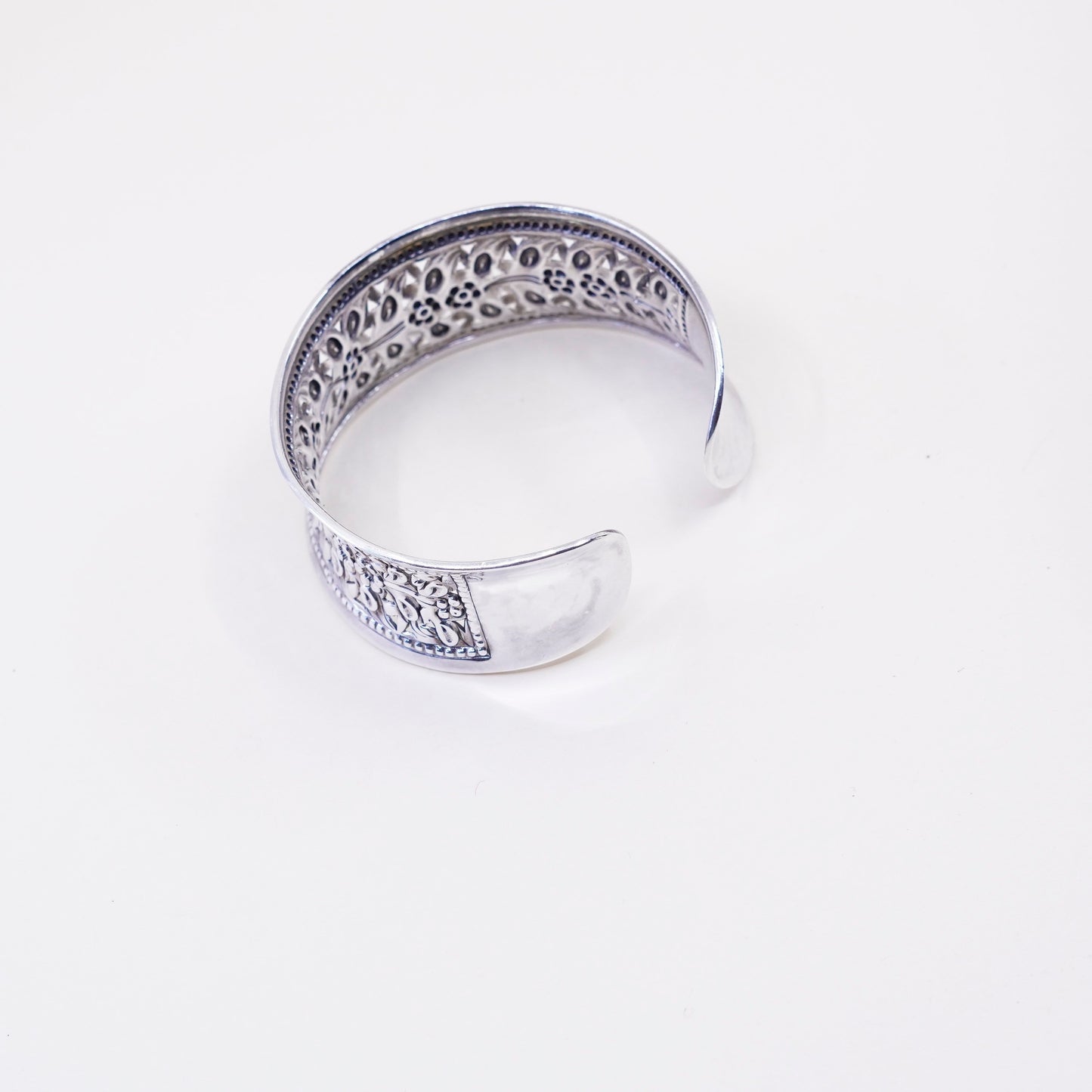6.5”, sterling silver handmade bracelet, wide 925 cuff with filigree flower