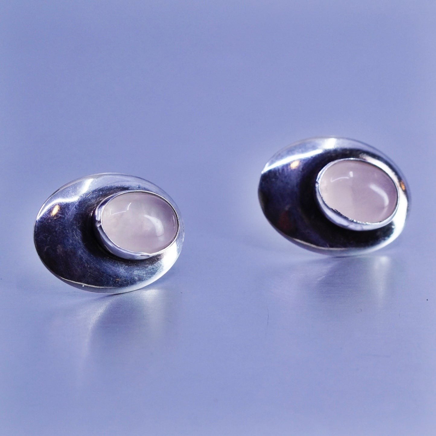 Vintage Sterling 925 silver earrings, oval studs with pink rose quartz