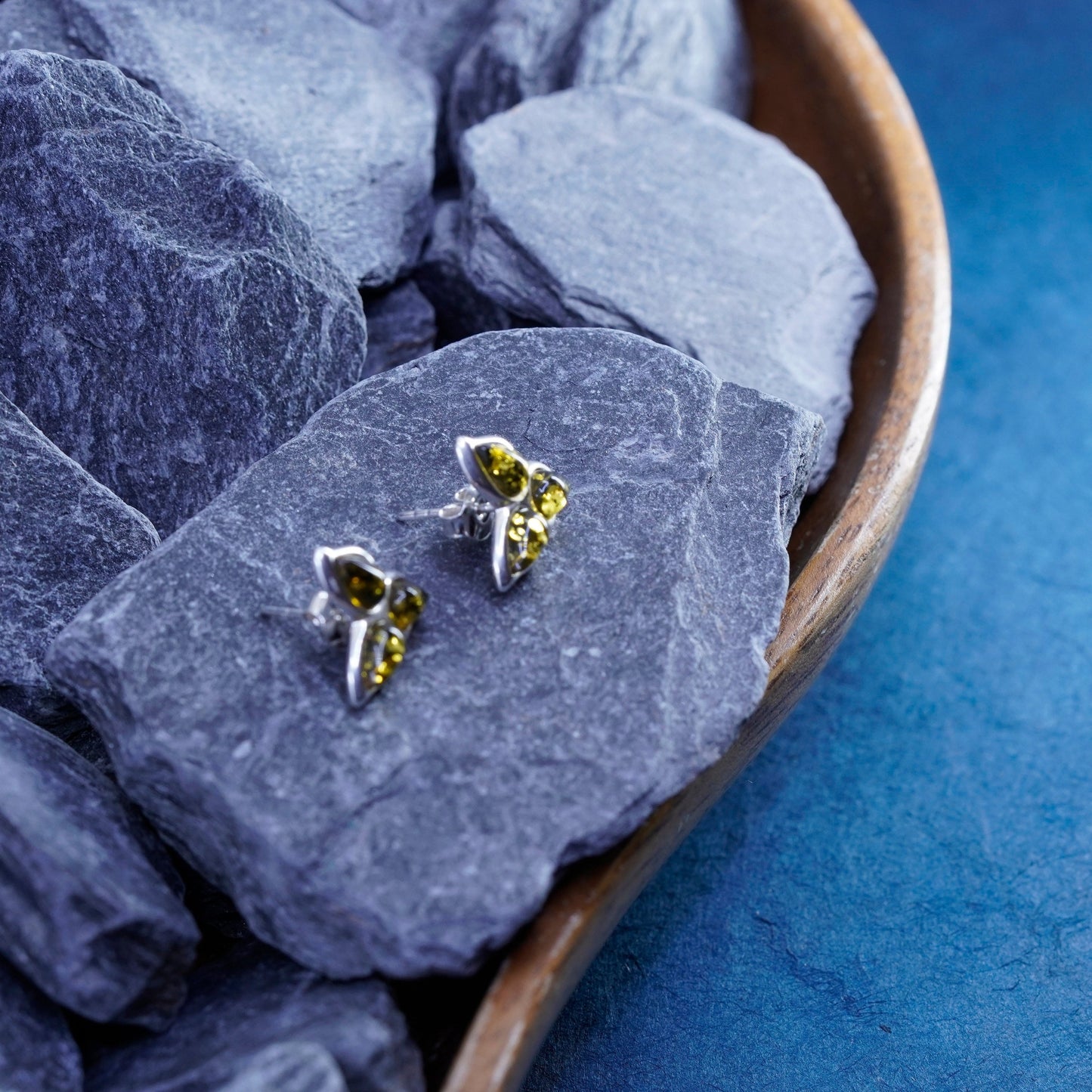 Vintage sterling silver handmade earrings, 925 studs with amber