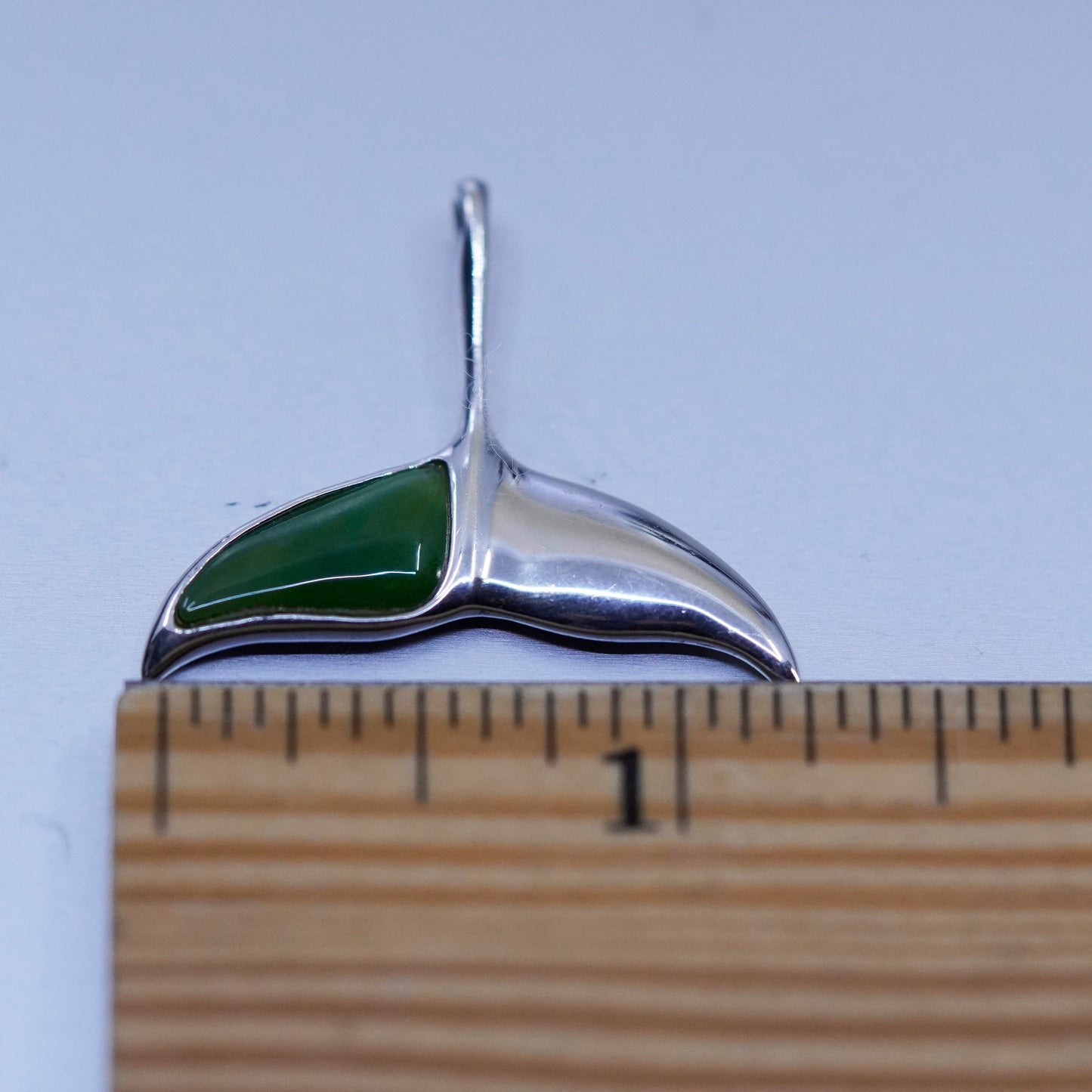 Vintage sterling 925 silver handmade whale tail pendant with jade