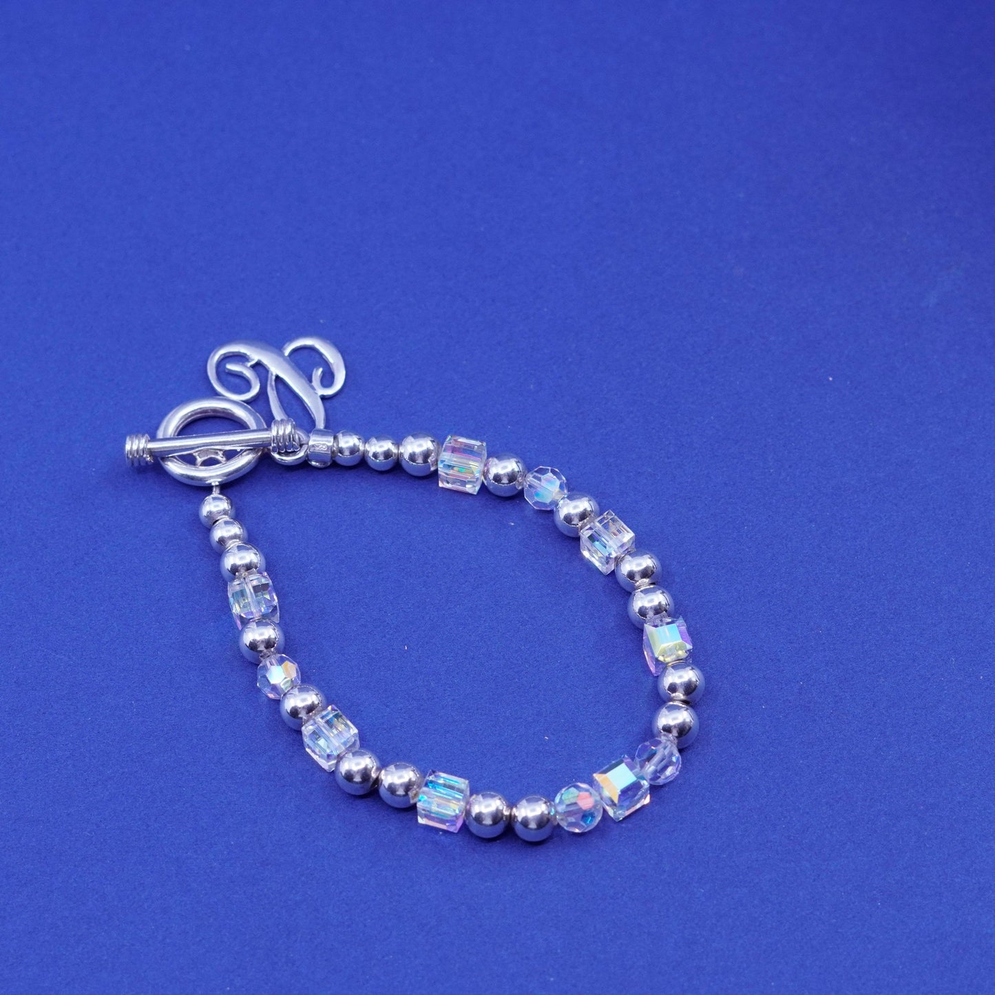 6.75”, sterling 925 silver handmade crystal beads bracelet and initial A charm