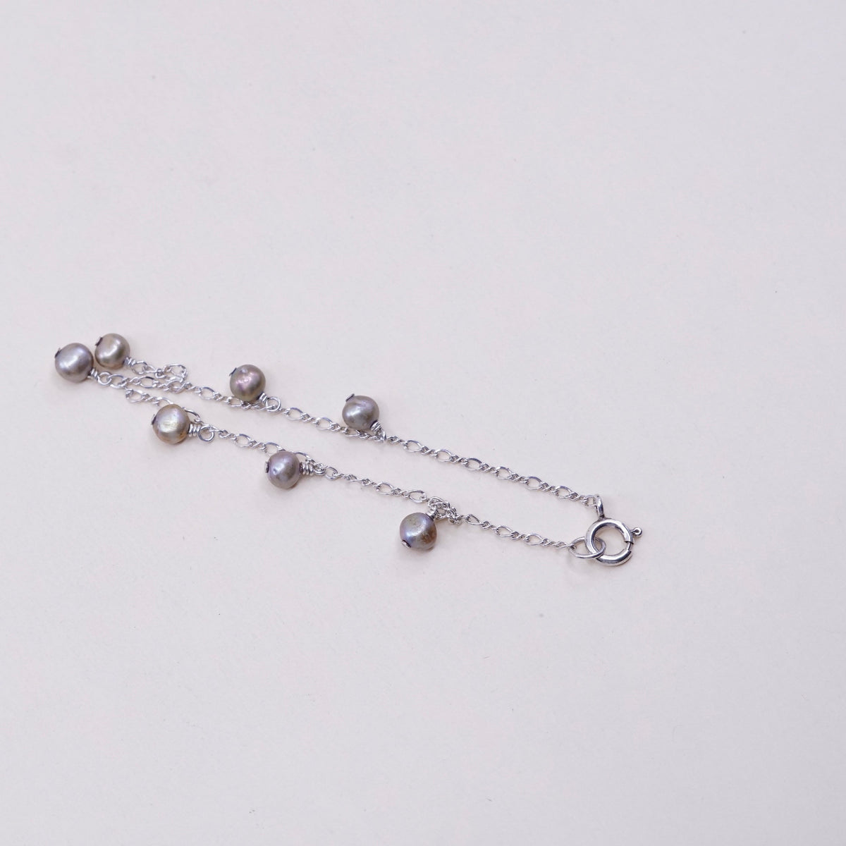 6.75”, Vintage handmade sterling silver bracelet with 925 pink pearl