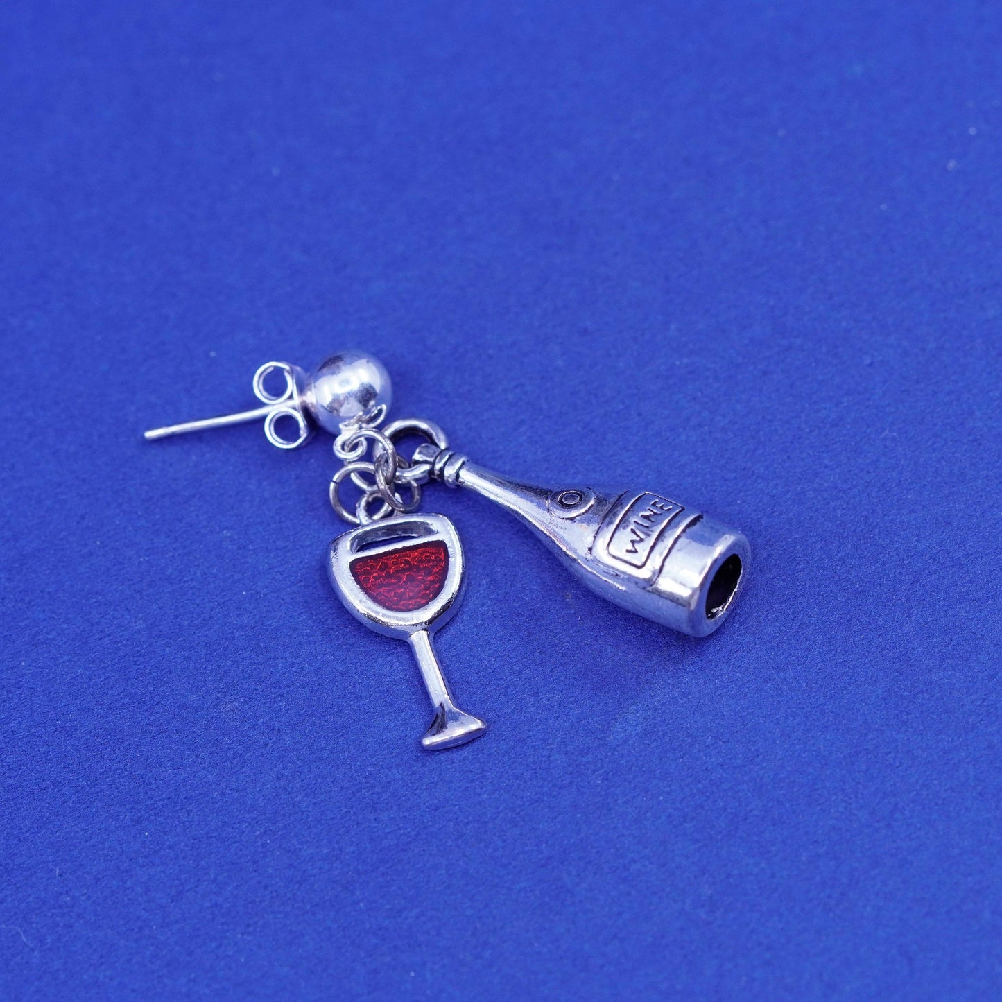 Vintage sterling 925 silver handmade wine bottle glass earrings with enamel